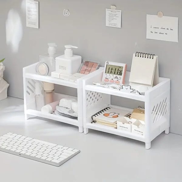 Desktop Double-layer Plastic Storage Holder Rack Cosmetic Box Kitchen Bathroom Desk Shelf Organizer Office