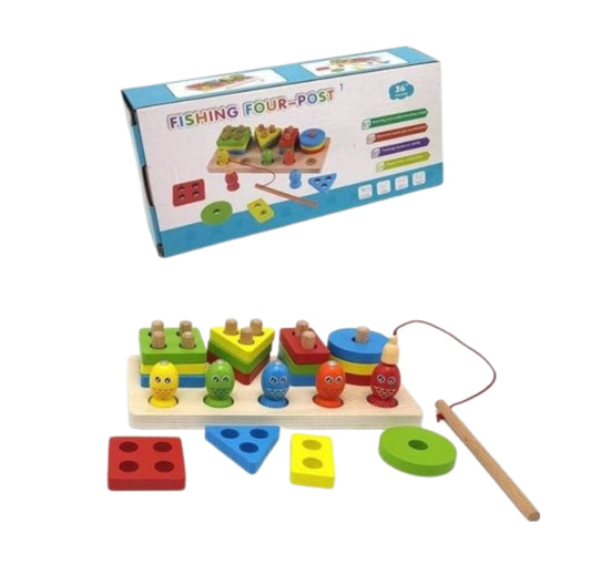 Wooden Fishing Four Post | Geometric Shape Sorter With Magnetic Fishing Game (random Color)