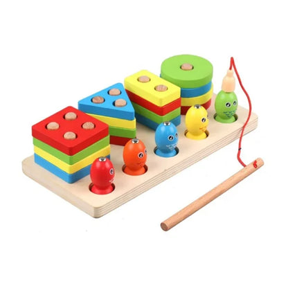 Wooden Fishing Four Post | Geometric Shape Sorter With Magnetic Fishing Game (random Color)